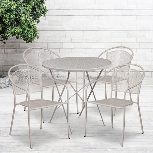Flash Furniture 5-Piece Metal Outdoor Dining Set 30" Round Outdoor Steel Folding Patio Table Set with 4 Round Back Chairs in Light Gray