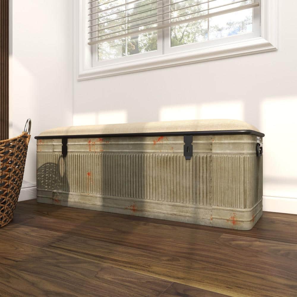 Gray Galvanized Metal Storage Bench with Beige Upholstered Seat