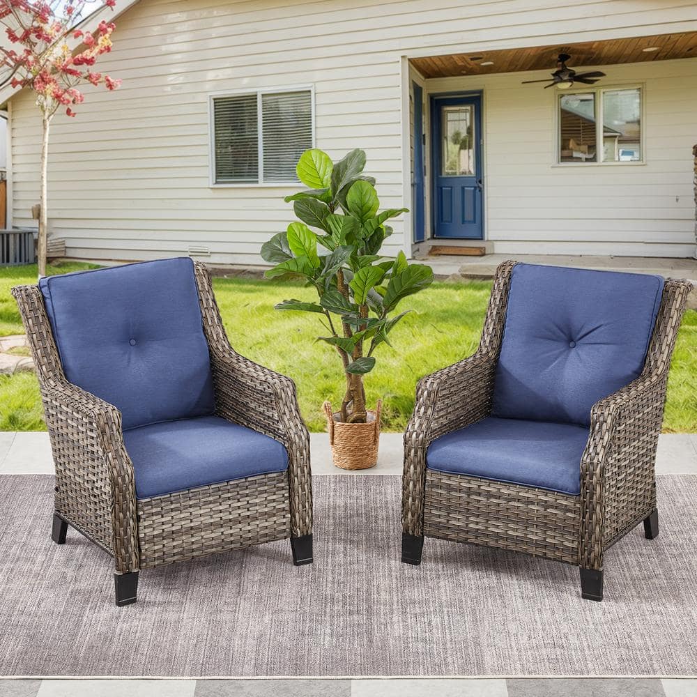 Gray Steel Wicker Lounge Chairs with Blue Cushions (2-Pack)
