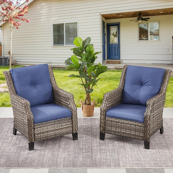 moosprr Patio Gray Wicker Outdoor Lounge Chair with Blue Cushions (2-Pack)