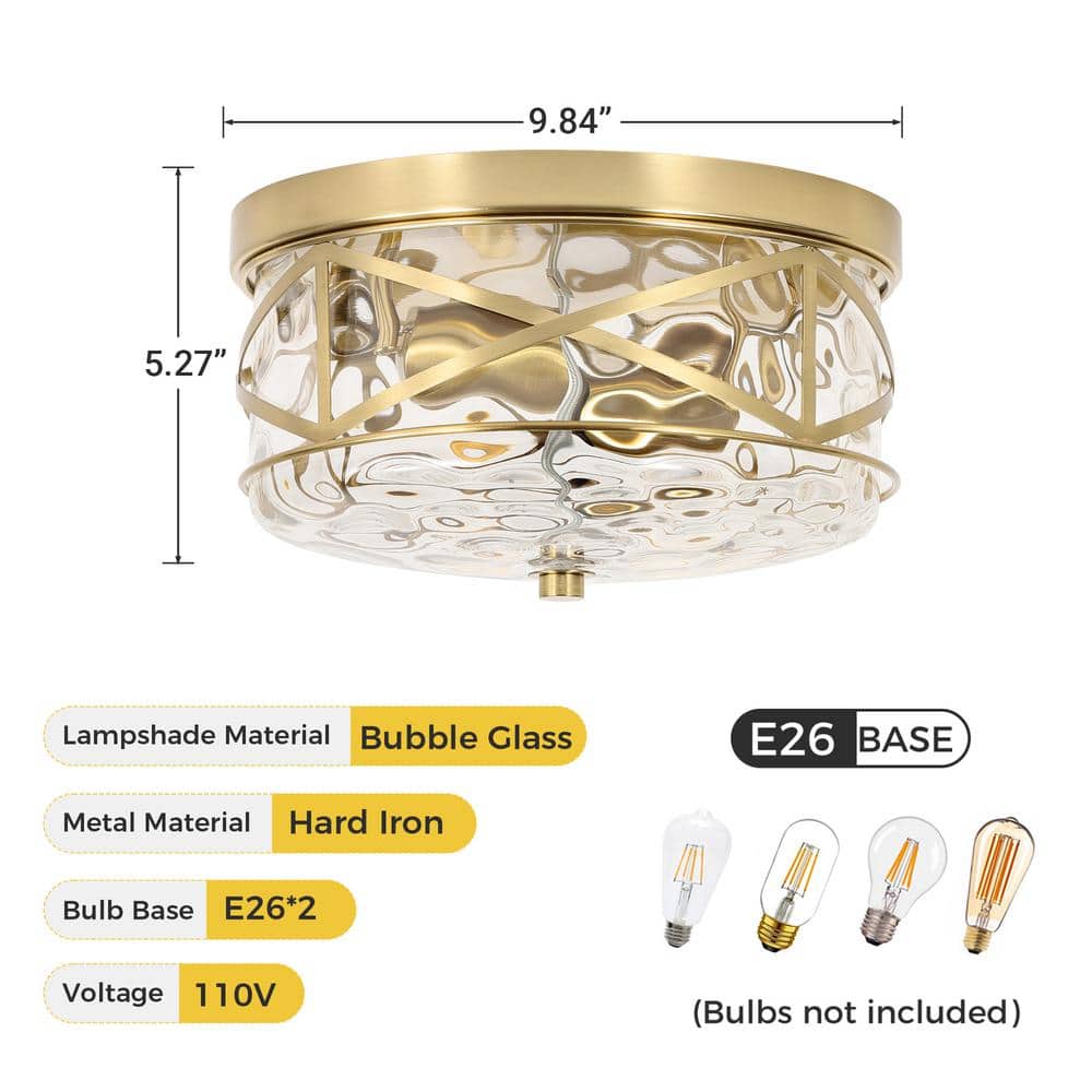 Gold 9.8" Flush Mount Ceiling Light with Hammered Glass Shade