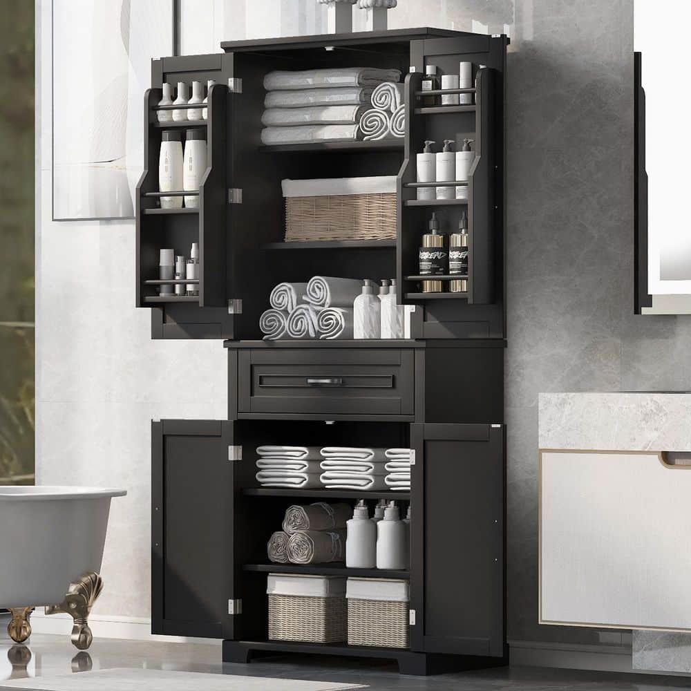 29.9 in. W x 15.7 in. D x 72 in. H Black Wood Freestanding Bathroom Linen Cabinet with 4-Door and Adjustable Shelf price history on PriceWatchPro