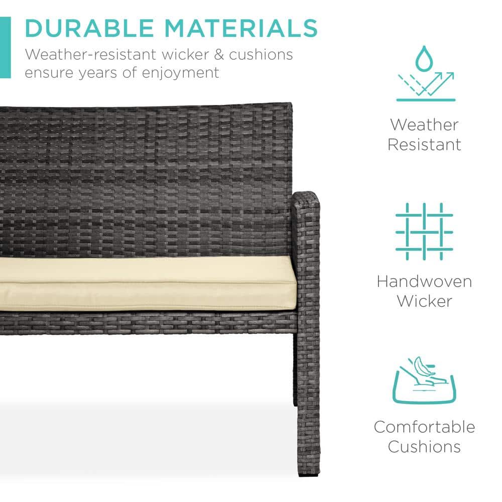 Gray 4-Piece Wicker Patio Furniture Set with Cushions and Glass Table