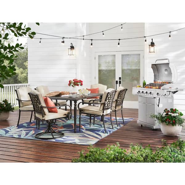 Hampton Bay Laurel Oaks 7-Piece Brown Steel Outdoor Patio Dining Set with  CushionGuard Putty Tan Cushions 525.0200.002 - The Home Depot
