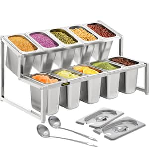Expandable Spice Rack 13.8 in.-23.6 in. Adjustable 2-Tier Stainless Steel Organizer Shelf with 10 1/9 Pans 10 Ladles