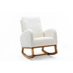 White Teddy Upholstered Rocking Chair, High Back Armchair, Rocker Chair with Side Pocket for Living Room, Nursery