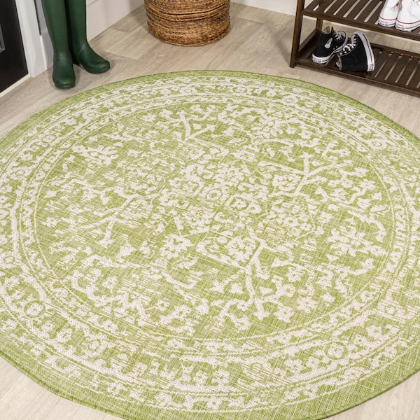 Malta Bohemian Medallion Textured Weave Green/Cream 5 ft. Round Indoor/Outdoor Area Rug