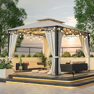 12 ft. x 10 ft. Beige Double Canopy Galvanized Steel Gazebo with Netting and Curtains