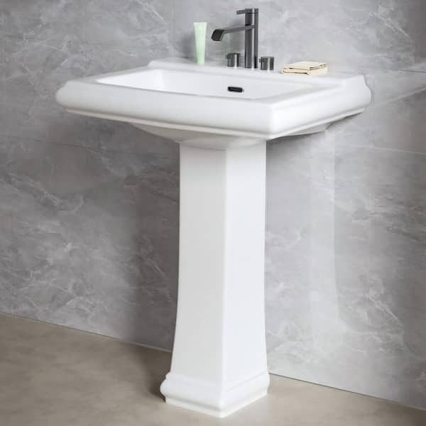 Kuomih 26.2 in. W x 19.5 in. D Pedestal Bathroom Sink Elegant White Rectangular Vitreou China Sink w/Overflow and 3 Faucet Hole