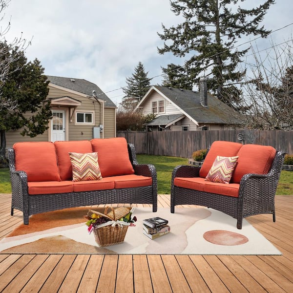 Vincent 2-Piece Wicker Outdoor Patio Conversation Seating Sofa Set with Orange Red Cushions