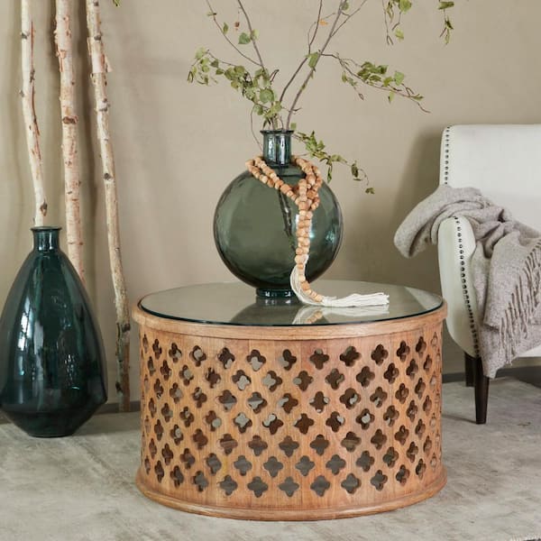 Litton Lane 32 in. Brown Medium Round Wood Quatrefoil Design Coffee Table with Clear Glass Top