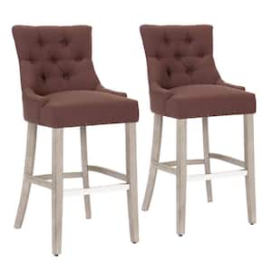 Wren 29 in. Antique Gray Full Back Wood Frame Cushioned Bar Stool with Brown Linen Fabric Seat (Set of 2)