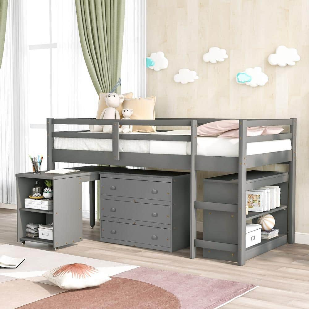 Harper And Bright Designs Gray Low Study Twin Loft Bed With Cabinet And