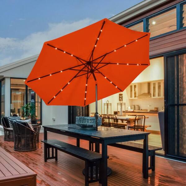 burnt orange patio umbrella with solar lights 10ft LED Offset Hanging Market Umbrella(orange )(No Base) You dont need to close your patio umbrella the moment the Sun goes down Gymax 10 ft Patio Offset