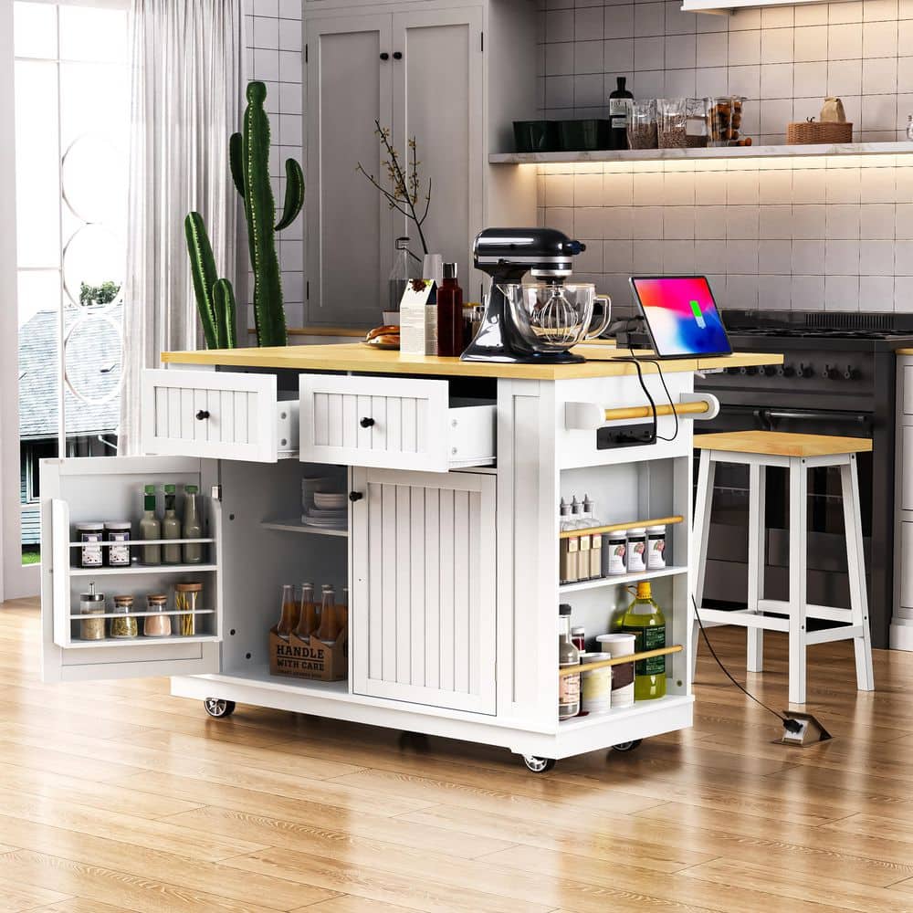 White Wood Top 48 in. Kitchen Island on 5-Hidden Wheels with 2 Large Drawer