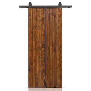 20 in. x 80 in. Hollow Core Walnut Stained Pine Wood Bi-Fold Door with Sliding Hardware Kit