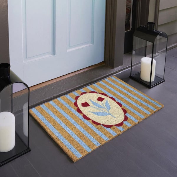 Feminine Flower Red/Blue 18 in. x 30 in. Coir Indoor/Outdoor Door Mat