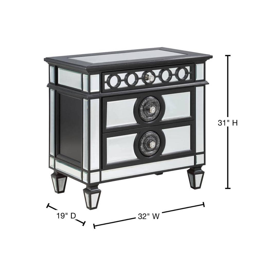 Elegant Black and Silver 3-Drawer Nightstand with Crystal Knobs