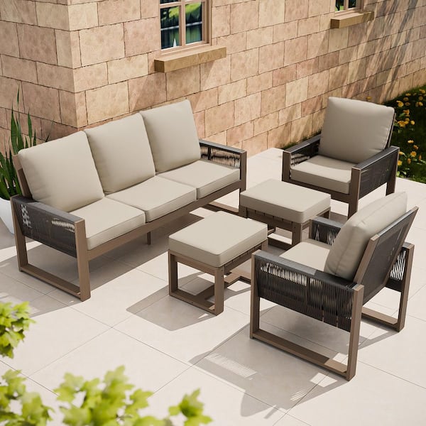 EAGLE PEAK 5-Pieces Cedar Wood Wicker Outdoor Patio Conversation Set with Beige Cushions, 3-Seat Sofa, Ottomans