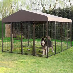 4 ft. x 8 ft. Dog Kennel Outdoor Dog Enclosure with Rotating Feeding Door, Stainless Bowls and Upgraded Polyester Roof