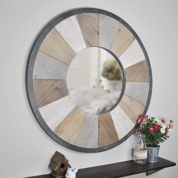 FirsTime Medium Round Natural Wood Contemporary Mirror (31.50 in. H x 1 in. W)