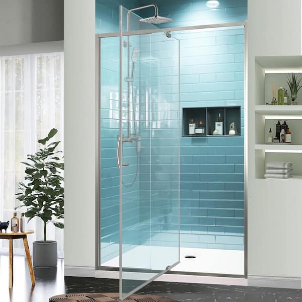 Lonni 44 in.-48 in. W x 71 in. H Pivot Swing Semi-Frameless Shower Door in Brushed Nickel with Clear SGCC Tempered Glass