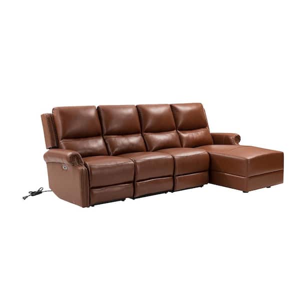 ARTFUL LIVING DESIGN Delos 4-Seater Leather Power L Shaped Reclining Sectional Sofa with Nailhead Trim in Brown