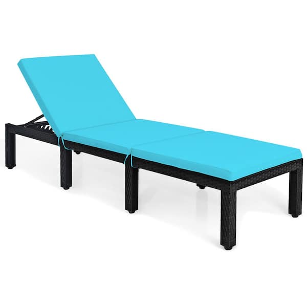 Gymax Adjustable Wicker Rattan Patio Outdoor Chaise Lounge Chair Couch with Turquoise Cushion
