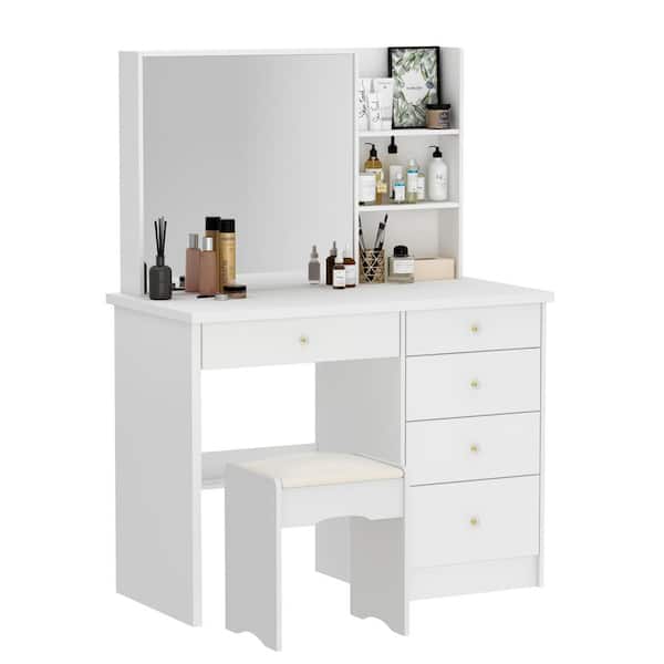 FUFU&GAGA White Wood Dresser with Big Mirror, 5-Drawers, Stool and Storage Shelves (53.5 in. H x 39.4 in. W x 19.7 in. D)