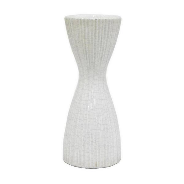 THREE HANDS 12 in. Decorative White Crackled Ceramic Candle Holder