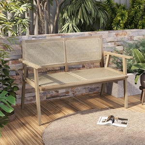 Indonesia Teak Wood Outdoor Bench with Armrests and Natural Rattan Backrest