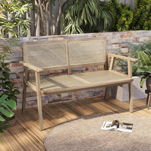 FORCLOVER Indonesia Teak Wood Outdoor Bench with Armrests and Natural Rattan Backrest