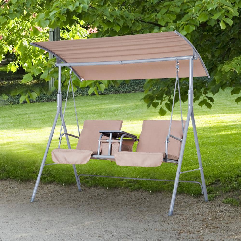 Beige Metal 2-Person Outdoor Swing with Canopy and Storage