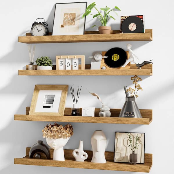 24 in. W x 4.4 in. D Oak Picture Ledge Shelf, Floating Wall Shelves, Decorative Wall Shelf Set of 4