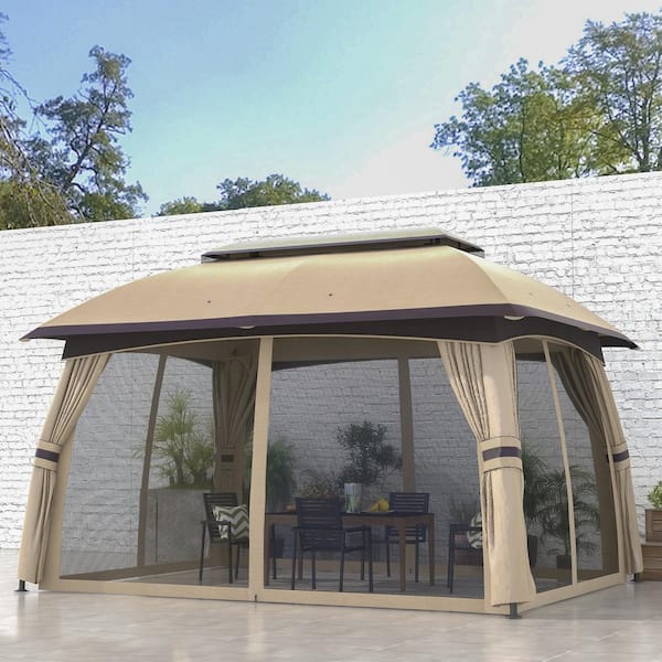 Unbranded Outdoor 10 ft. x 13 ft. Patio Gazebo Canopy Shelter with Netting, Vented Roof and Steel Frame, Beige