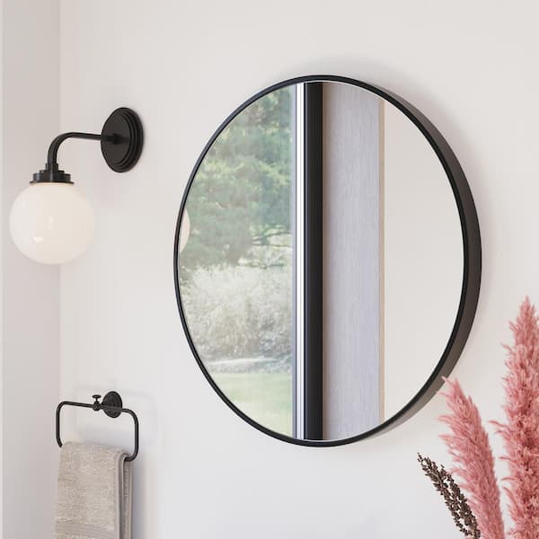  Olena 24 in. W x 24 in. H Round Framed Anodized Aluminum Wall Mount Floating Bathroom Mirror in Matte Black