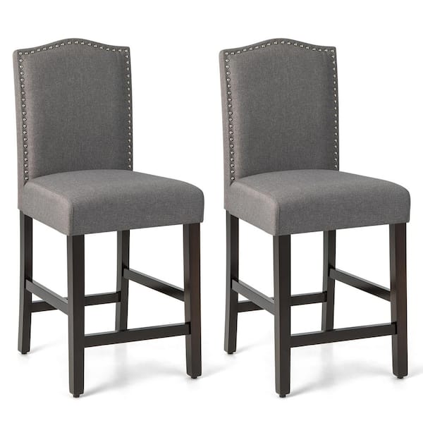 Costway 41 in. Grey High Back Wood Upholstered 25'' Bar Stool Chairs with Rubber Wood Legs Set of 2