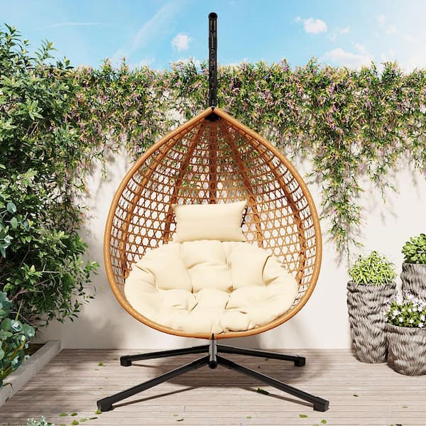 Coporesell Brown Metal Hammock Chair Durable Hanging Egg Outdoor Rattan  Weaving Chair with Stand and Beige Cushion CLUSOS01BEG