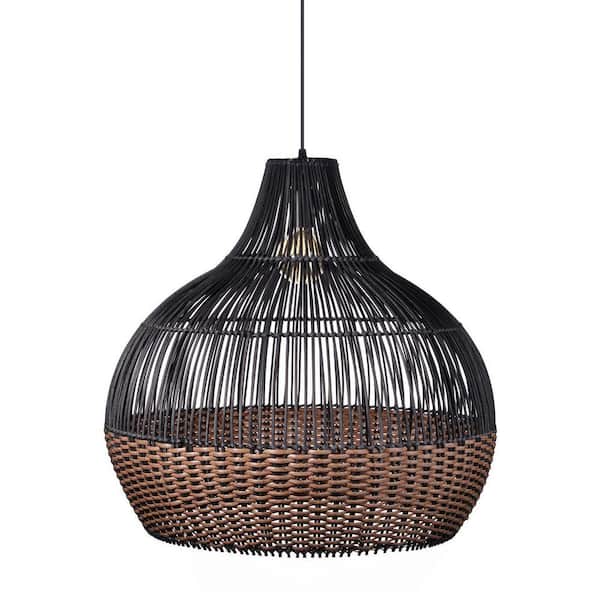 1-Light Black Handmade Rattan Pendant Light Dome Shape 23. 62 x 22. 83 in.