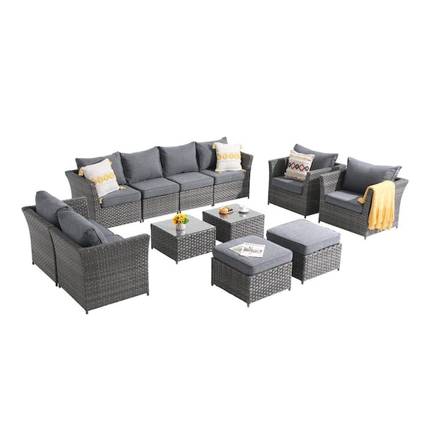 Freestyle 12-Piece No Assembly Wicker Outdoor Conversation Sectional Set with 2-Coffee Tables and Ottomans, Grey Cushions