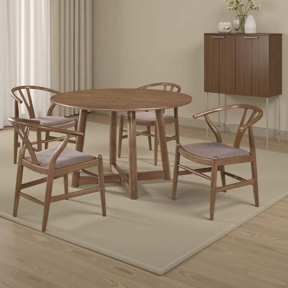 5 Piece Round Walnut Brown Wood Top Dining Table Set Seats 4 price history on PriceWatchPro