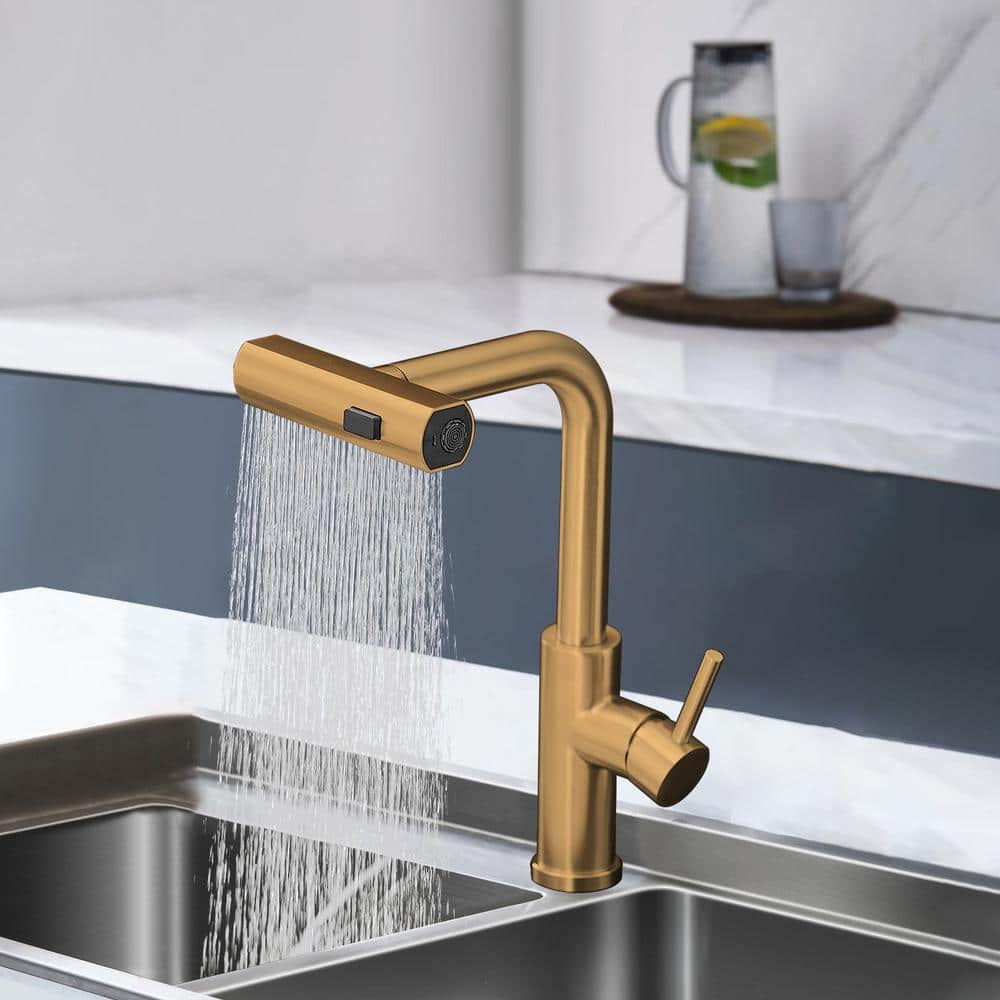 Brushed Gold Stainless Steel Single Handle Pull Out Kitchen Faucet