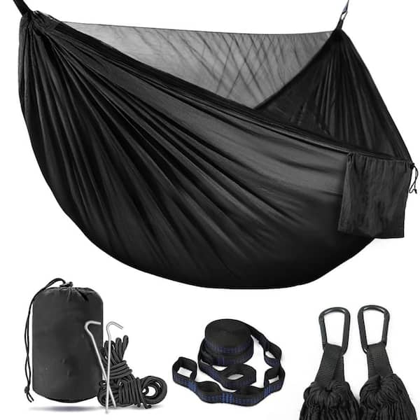 Nylon Camping Hammock with 772 lbs. Capacity Tree Straps Bed Net for Hiking, Backpacking and Travel Black (1-Pack)