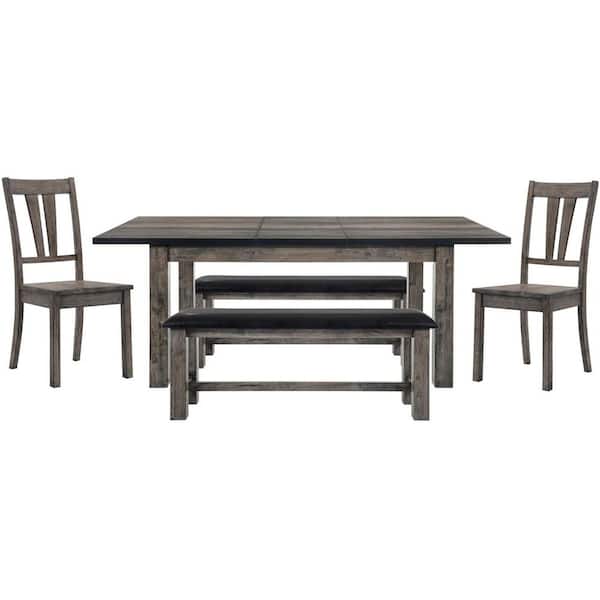 Cambridge Drexel 5-Piece Weathered Gray Dining Set: Table, 2-Wooden Side Chairs and 2-Benches