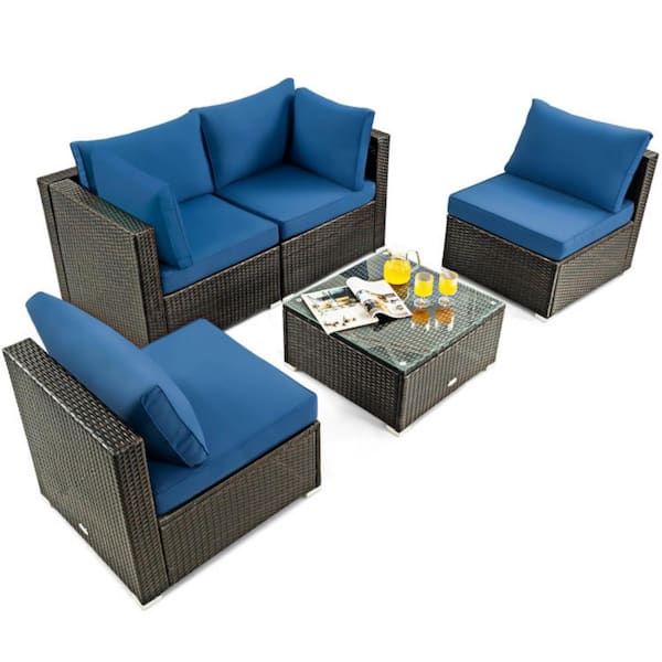 Clihome 5-Pcs Wicker Patio Conversation Set Rattan Furniture Set with Navy Cushions and Glass Table