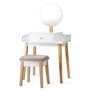 White and Natural Wood Dressing Vanity Set with Round Mirror and Padded Seat 27.5 in. L x 17 in. W x 49.5 in. H