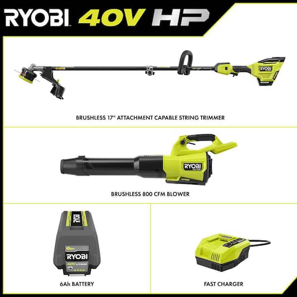 40V HP Brushless 17" Cordless Attachment Capable String Trimmer & 180 MPH 800 CFM Blower with 6.0 Ah Battery & Charger