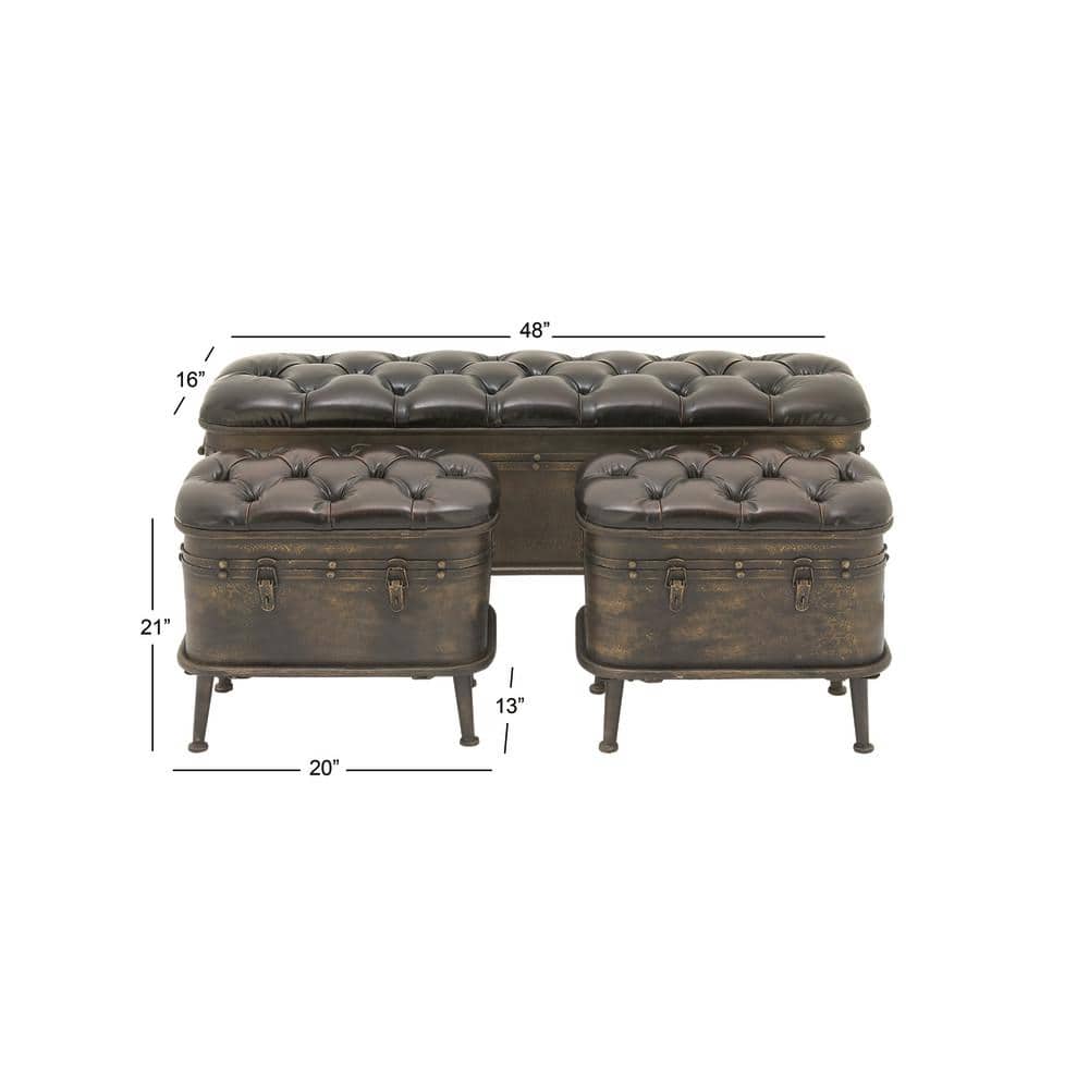 Brown Metal Storage Bench with Tufted Faux Leather Set