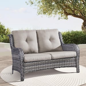 Gray PE Rattan Wicker Outdoor Loveseat with Gray Cushions