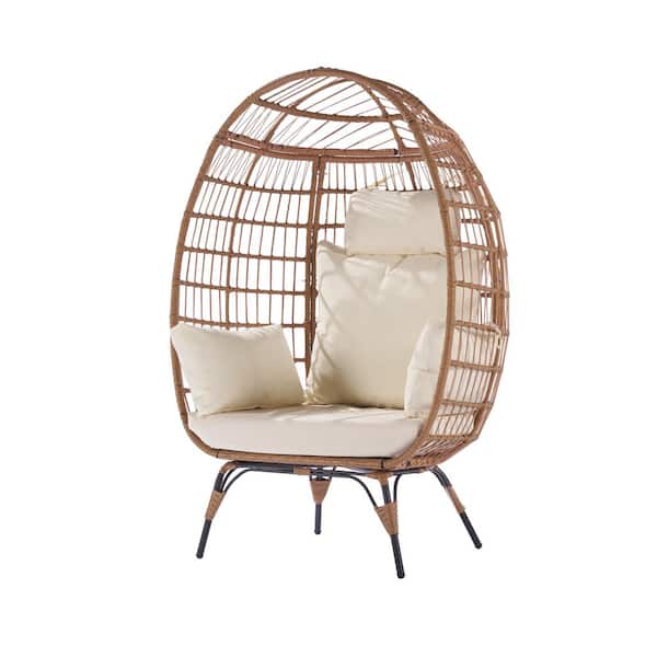 COOLSHARK Oversized Nature Patio Wicker Egg Chair with Beige Cushions for Indoor Outdoor 360 lbs.